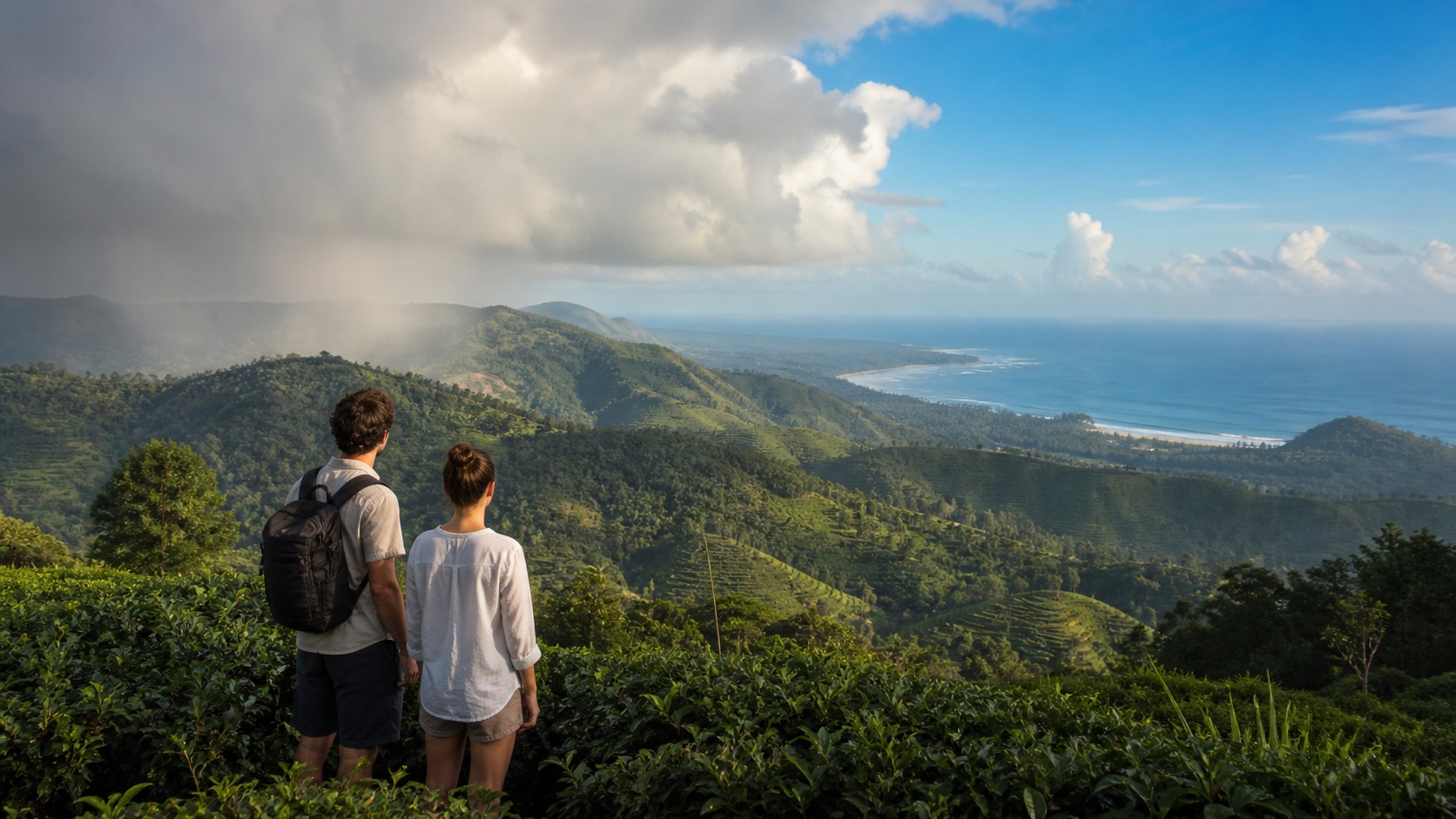 Travellers viewing sunshine and rain across Sri Lanka’s hills and coast