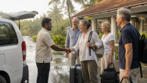 First-time travelers meeting a local driver beside a private car in Sri Lanka