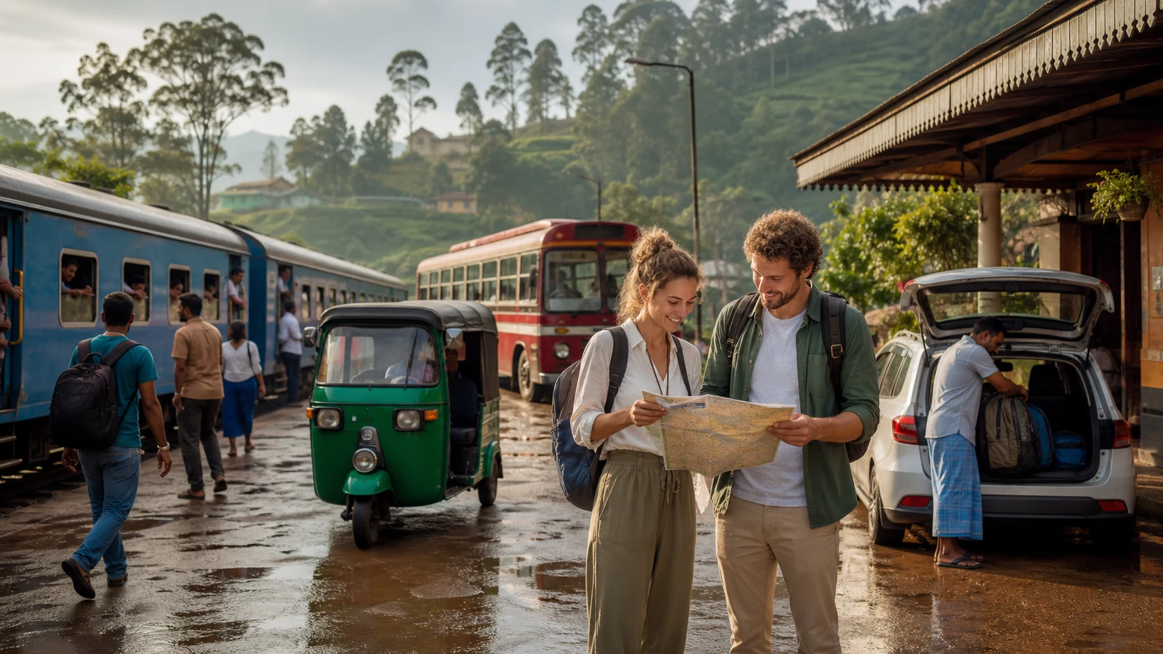 Travellers comparing train, bus, tuk-tuk and private car options at a Sri Lankan hill-country station