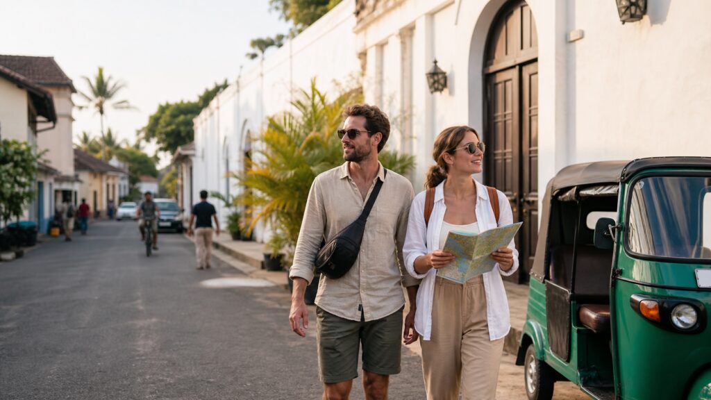 Travellers exploring Galle Fort safely with a map and secure bags
