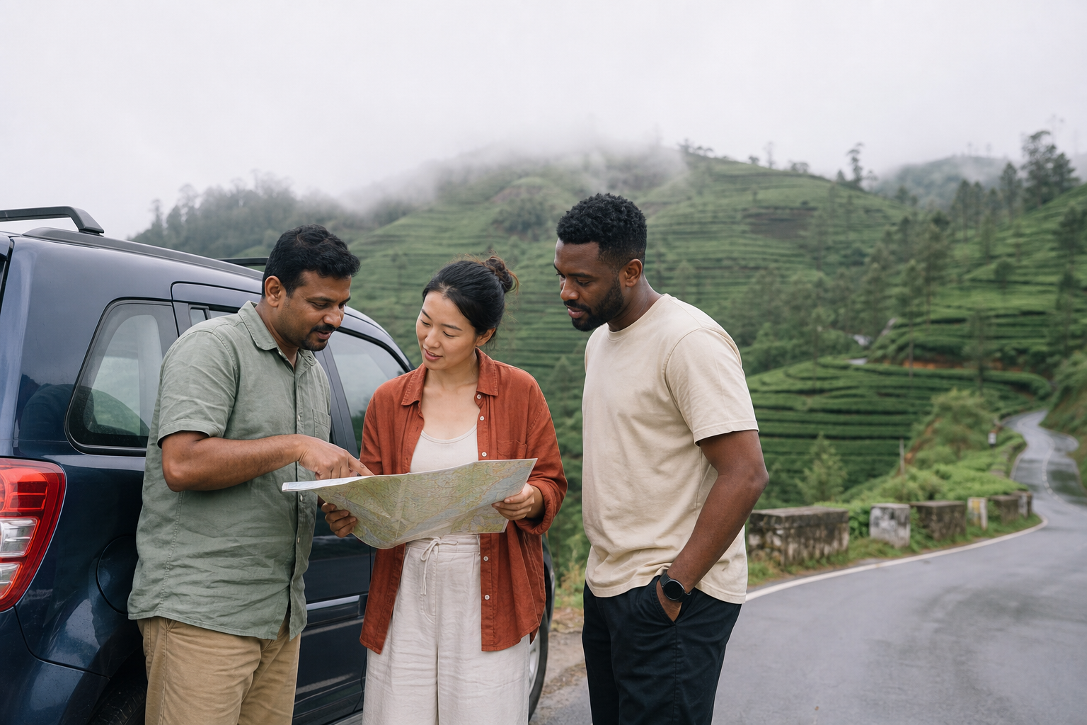 Travelers planning a Sri Lanka route with a local driver beside a private car in the hill country