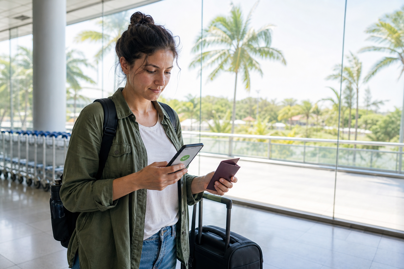 Traveller at a Sri Lankan airport holding a passport and ETA confirmation