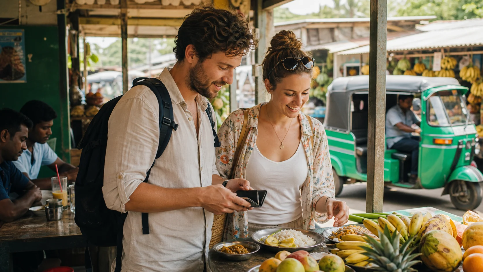 Travellers choosing local food at a Sri Lankan market with a tuk-tuk nearby