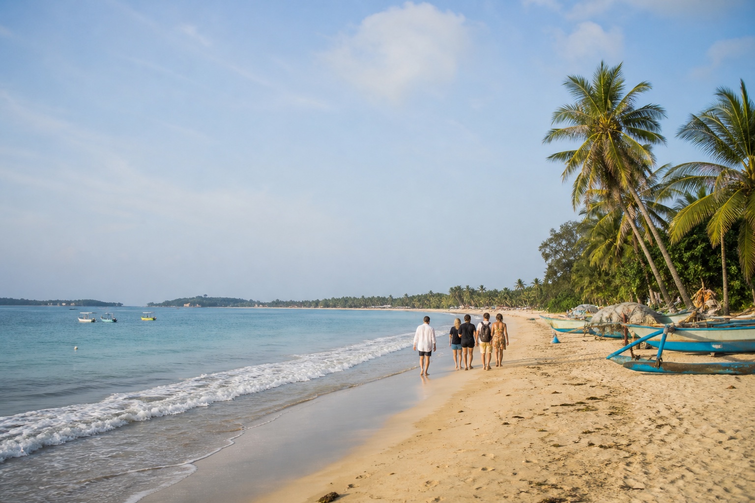 Travellers walking on Sri Lanka’s sunny east coast during its drier season
