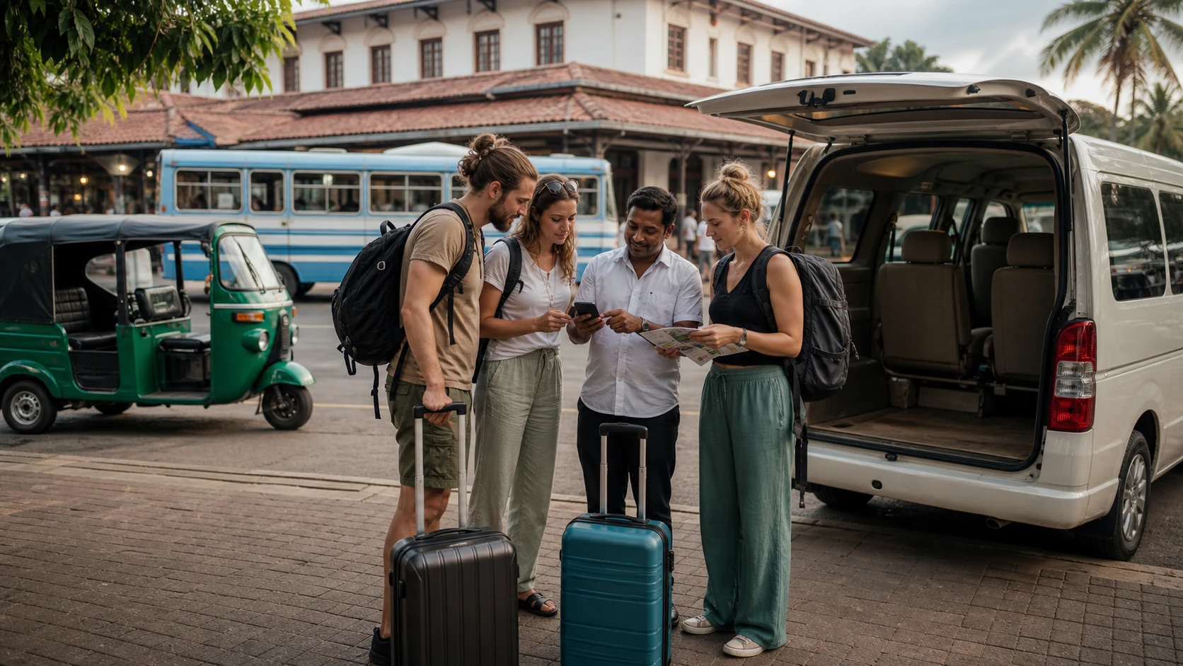 Travellers with luggage planning a Sri Lanka journey with a local driver beside a private van