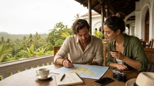 Travellers planning their Sri Lanka travel budget on a tropical veranda