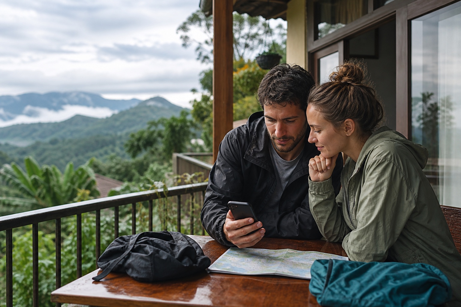 Travellers checking weather conditions before a Sri Lanka hill-country journey
