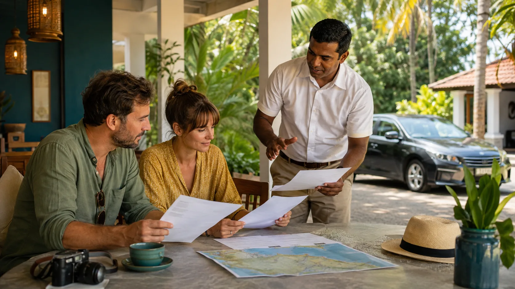 Travellers comparing private-driver quotes with a Sri Lankan driver beside a sedan