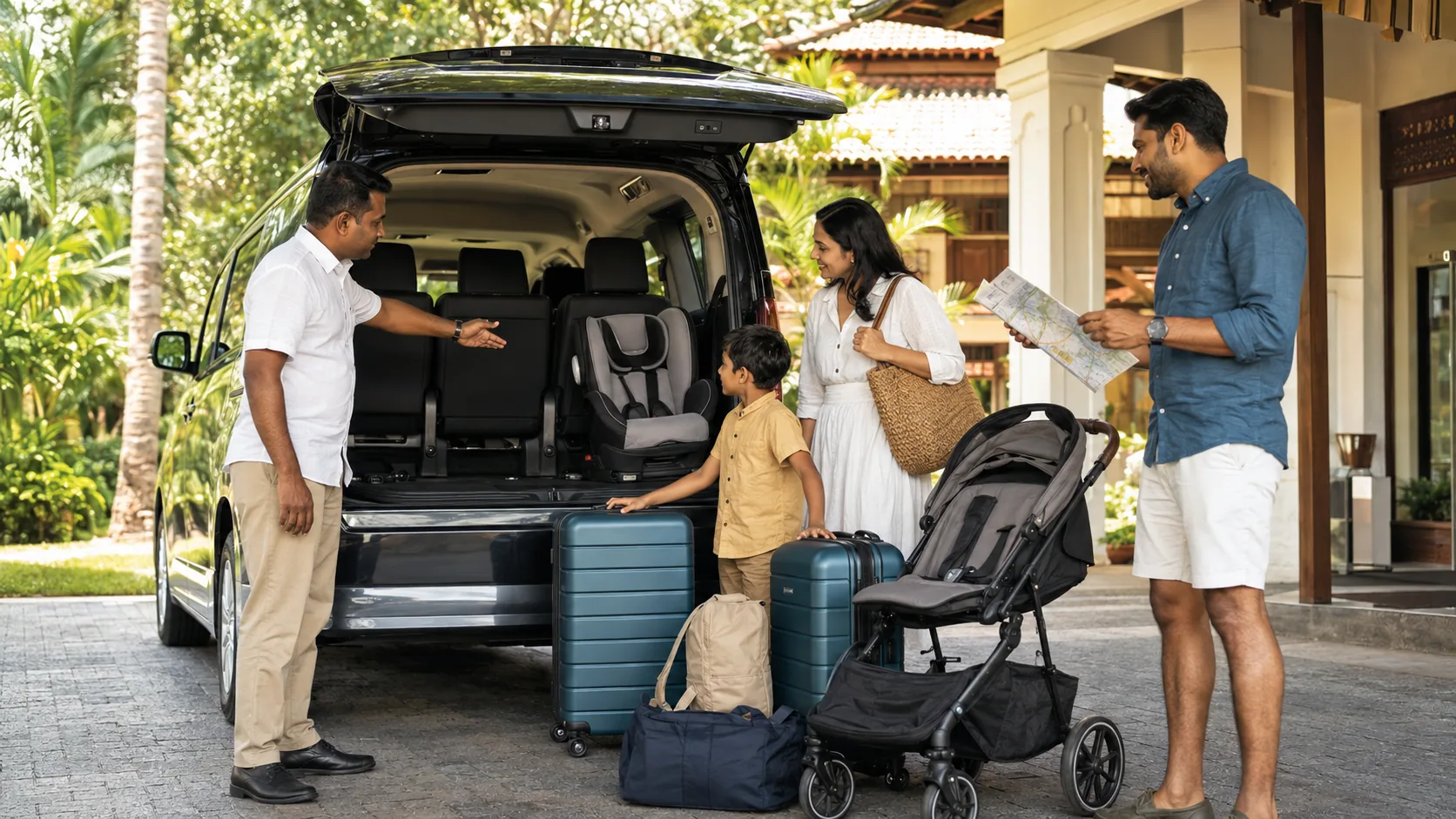 Family checking suitcases, a stroller and a child seat with a Sri Lankan private driver and minivan